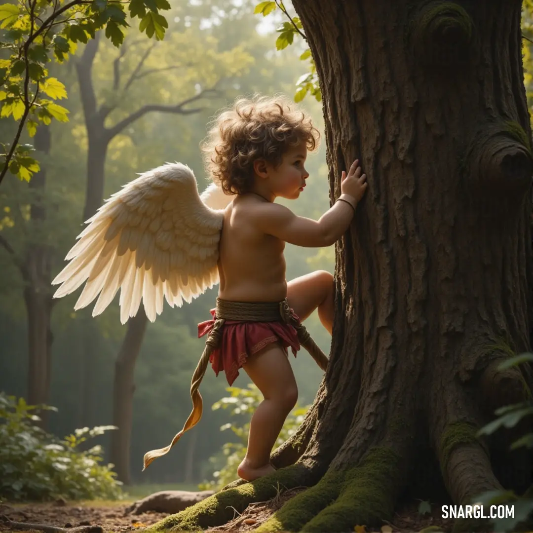 A child with angel wings climbing a tree, holding a sword as they venture through the magical woods. A young child with angelic wings, climbing up a towering tree trunk with a sword in hand. Surrounded by a lush woodland, the scene evokes innocence and determination as the child explores the wild.