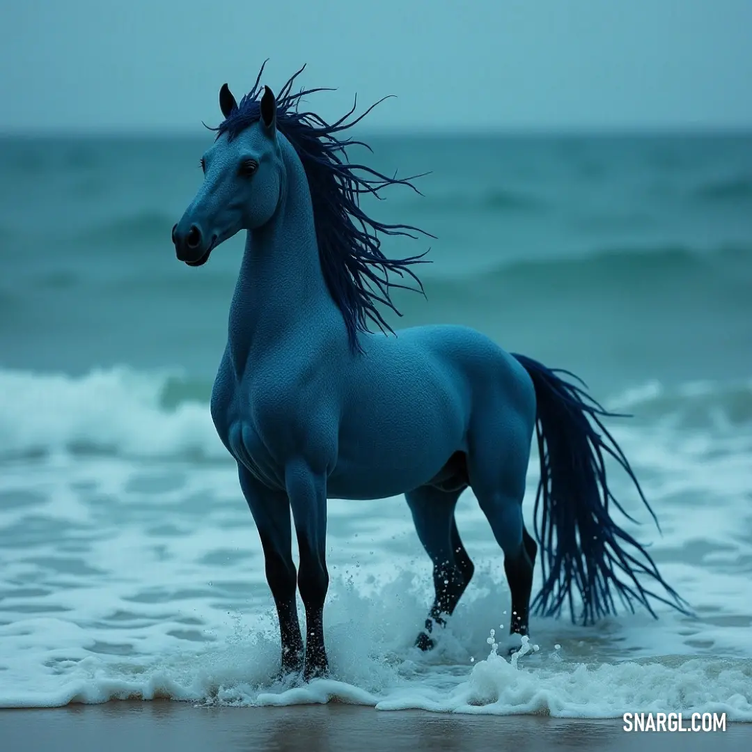 The striking blue Elara amidst crashing ocean waves on a stormy beach, embodying beauty and resilience in nature's chaos. A vibrant blue Elara stands poised in the crashing ocean waves, its graceful form accentuated by the dramatic gray sky, capturing the raw beauty and power of nature as it dances effortlessly through the tumultuous surf.