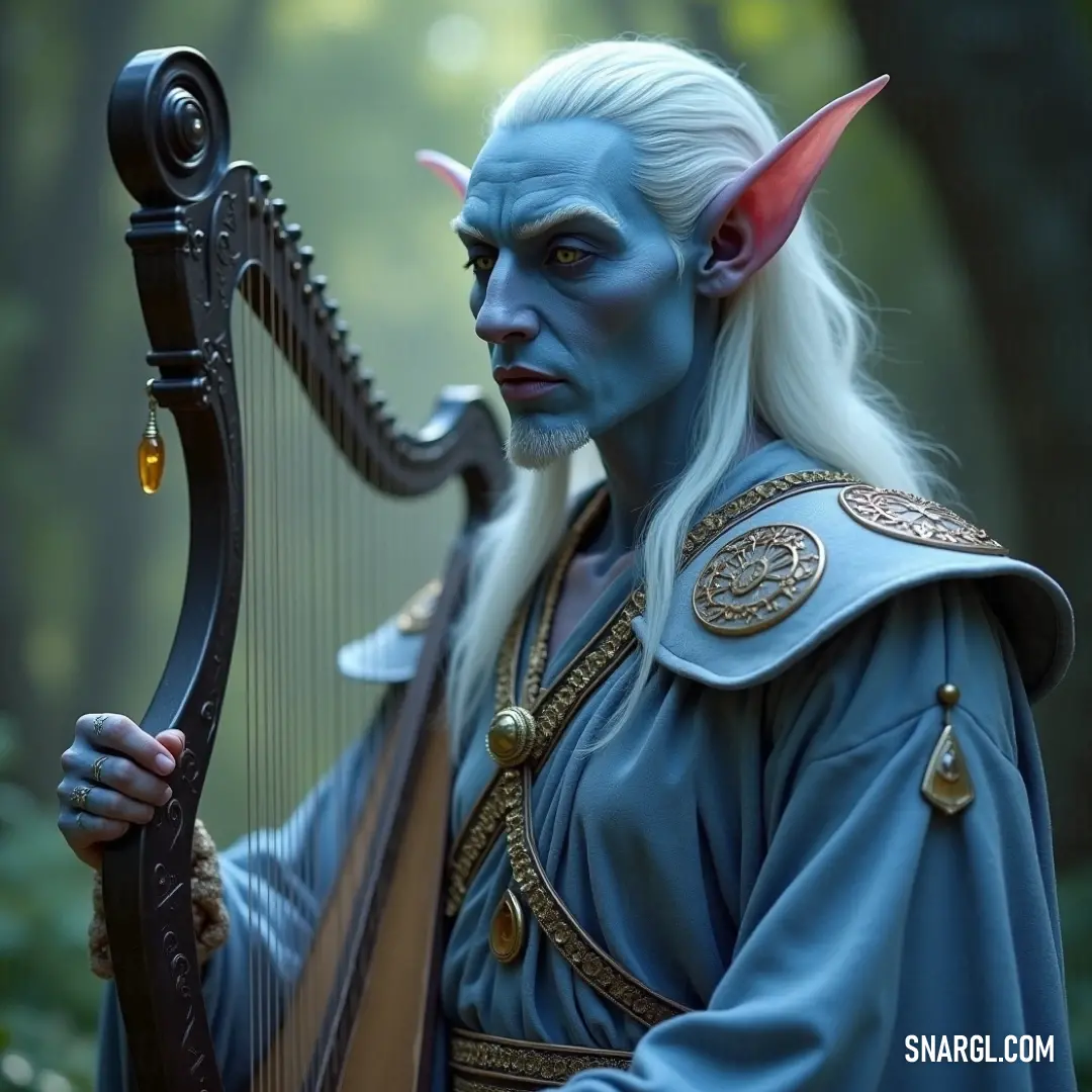 In a serene woodland, a wise elder, draped in nature's hues, gracefully plays a delicate harp, surrounded by towering trees that whisper secrets of ancient lore and wisdom in a tranquil forest glade.