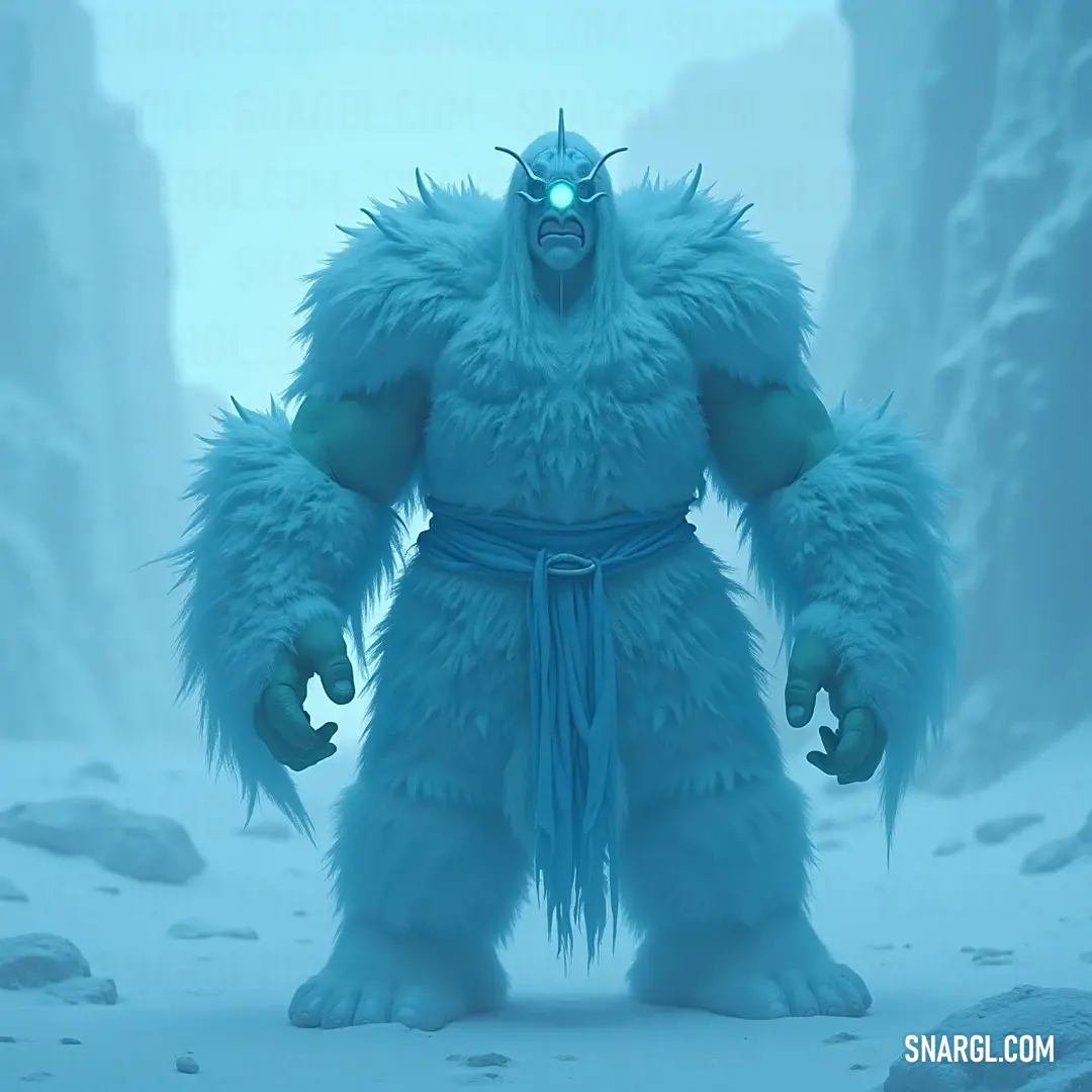 The regal Blue Elder Cyclops, with striking light green eyes, stands firmly amidst a breathtaking snowy landscape, where rugged mountains rise majestically against the peaceful backdrop. A Blue Elder Cyclops stands majestically in a serene snowy landscape. Its light green eyes contrast beautifully with the cold white surroundings, completing a tranquil scene adorned with snow-capped mountains in the background.