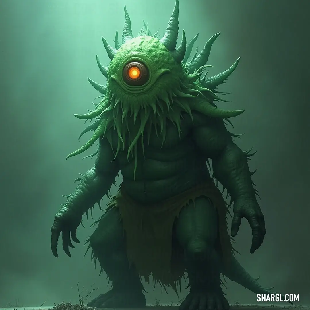 The fierce Elder Cyclops, dressed in an eye-catching green outfit, stares into the distance with its glowing eye, embodying both elegance and menace in a captivating display of fantastical power. An Elder Cyclops adorned in a vibrant green outfit captivates with its glowing eye and intimidating stance. The rich green contrasts sharply in the ambient lighting, adding depth to its demonic allure and powerful presence.