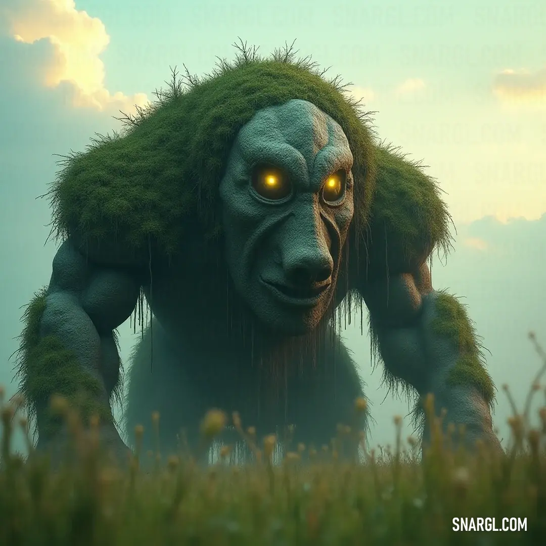 The Elder Earth Golem, bathed in sunlight, stands in a picturesque grassy field, radiating a deep connection to nature with its glowing eyes and vibrant green hair. The ethereal Elder Earth Golem, with luminous eyes and green hair, gracefully inhabits a sunlit field of grass, portraying a serene connection to nature against a backdrop of open sky.