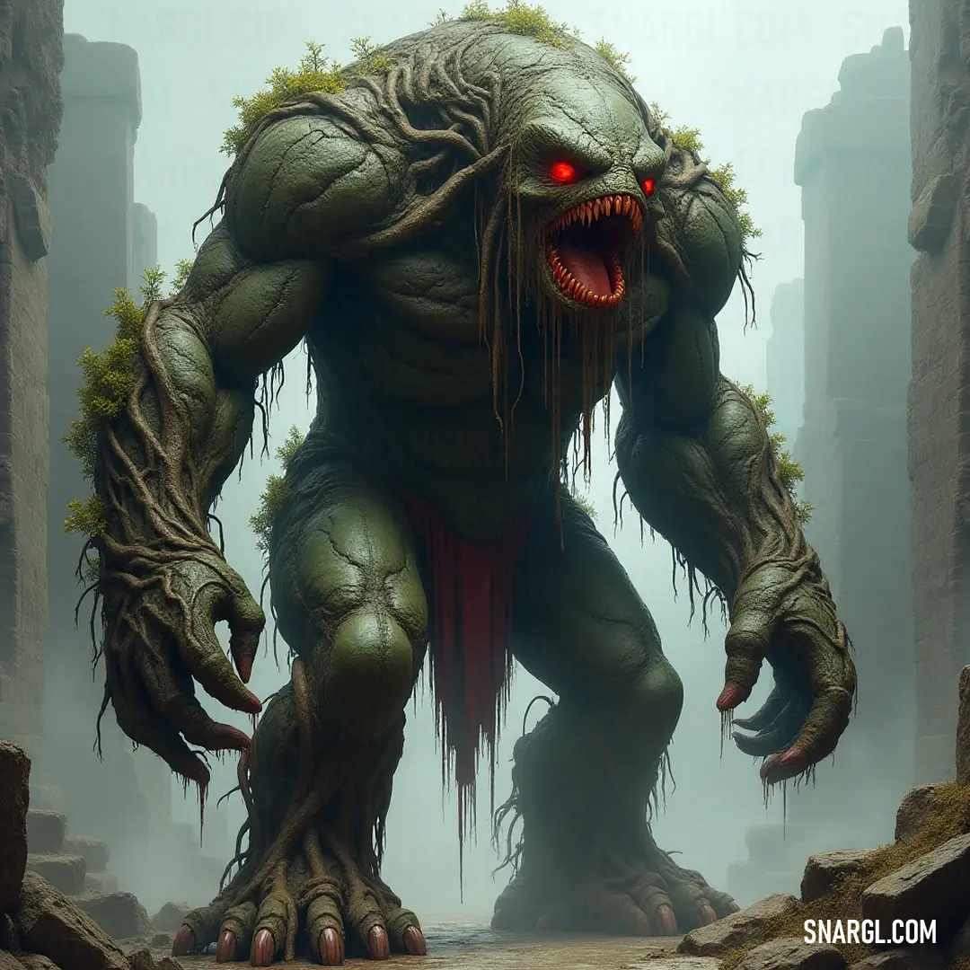 In a fog-laden area, the Giant Elder Earth Golem stands ominously, its single red eye and massive mouth creating an eerie connection to the shadowy world of rocks and trees. A massive Elder Earth Golem looms in a misty environment, its menacing red eye fixed on the observer, mouth agape as if echoing the secrets of the ancient forest surrounding it.