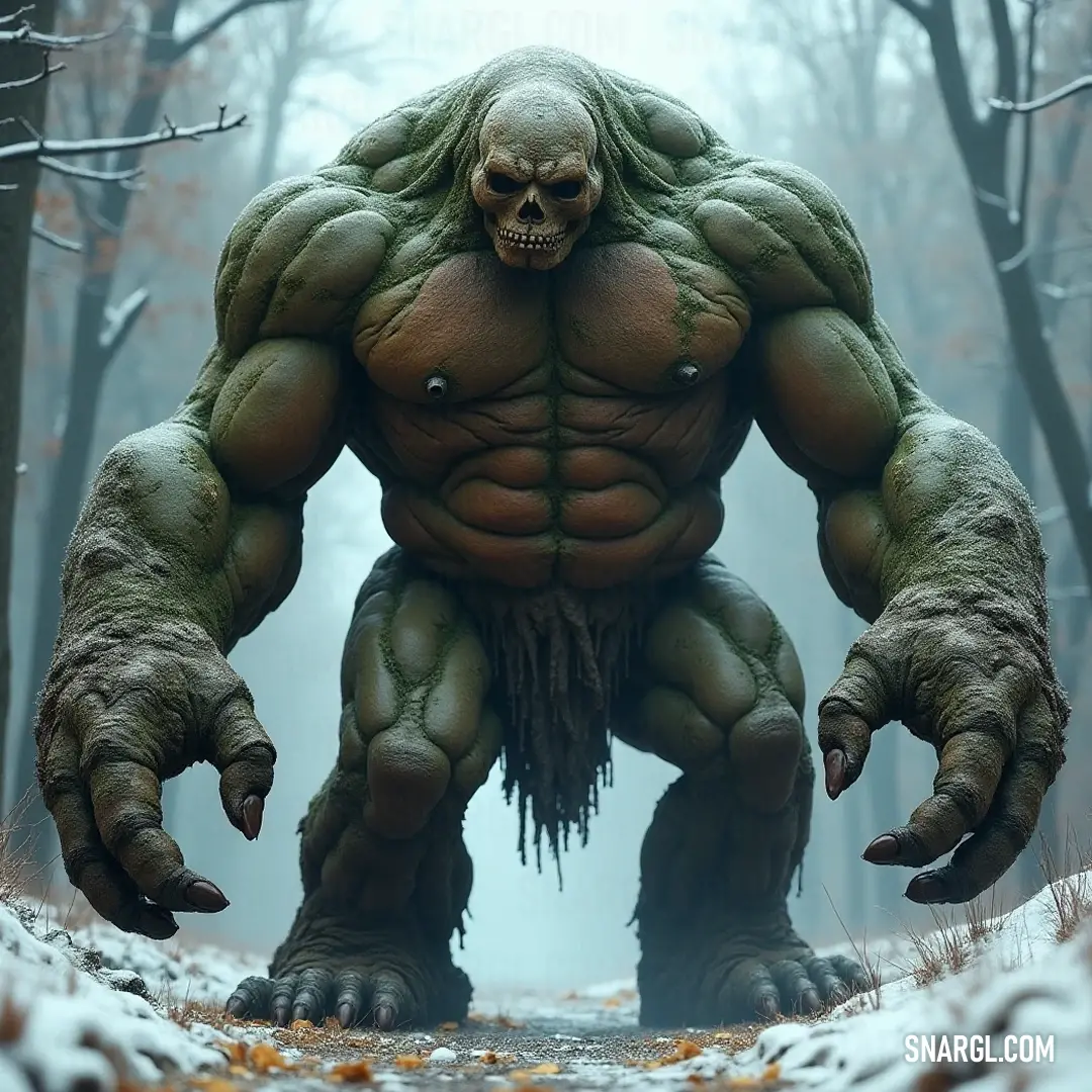 In a serene winter landscape, the Giant Elder Earth Golem stands proudly among snow-covered trees, its giant head and claws blending seamlessly into the icy surroundings of a tranquil forest. Amidst the snowy woods, a Giant Elder Earth Golem towers with a colossal head and intimidating claws, embodying the harsh yet awe-inspiring beauty of the winter wilderness.