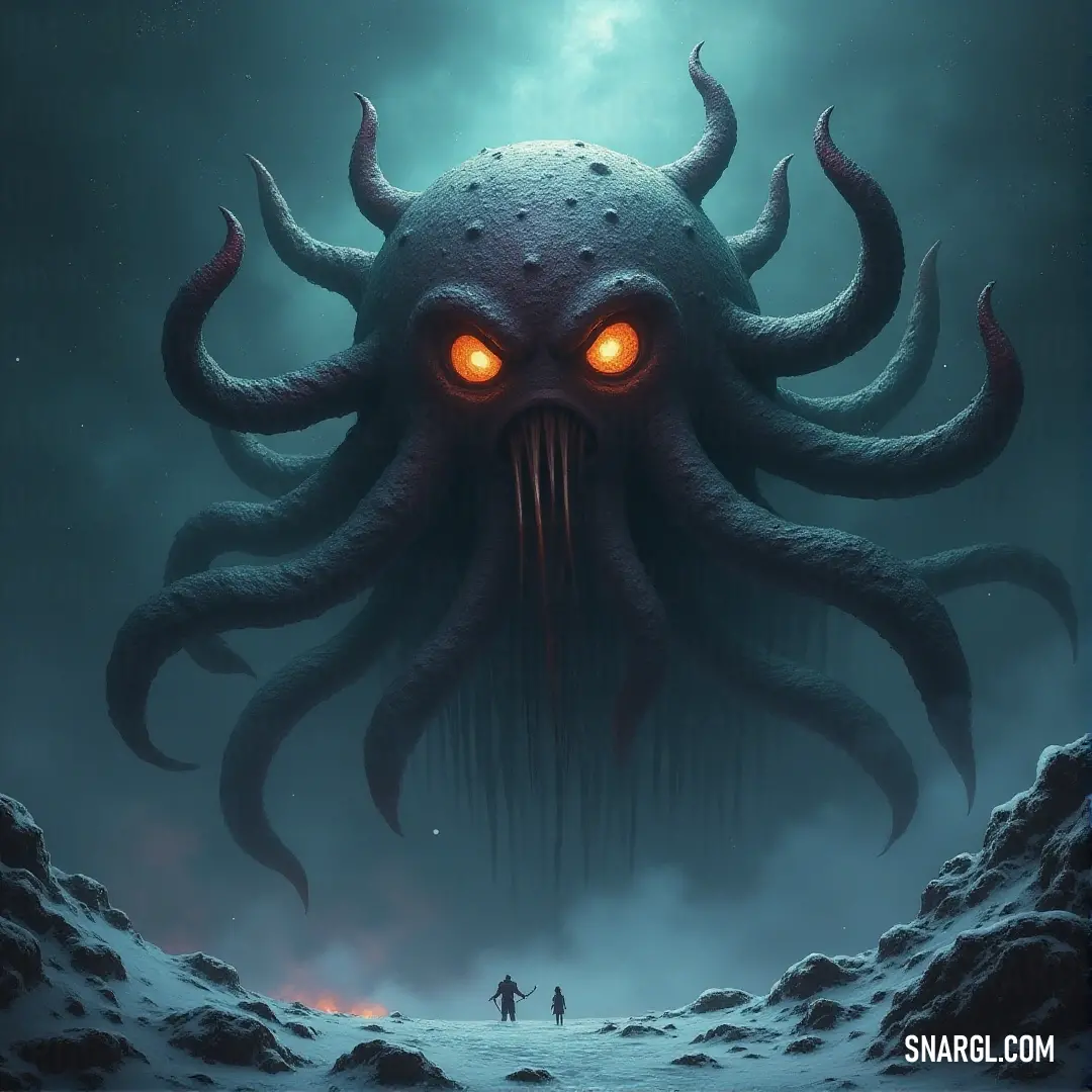 A giant octopus with glowing eyes and an Elder Eye Fiend stand together in a snow-covered landscape, illuminated by the eerie glow of a red full moon. A massive octopus with glowing eyes towers over the snow-covered ground, while an Elder Eye Fiend stands beside it under the eerie light of a full moon casting an ominous red hue.
