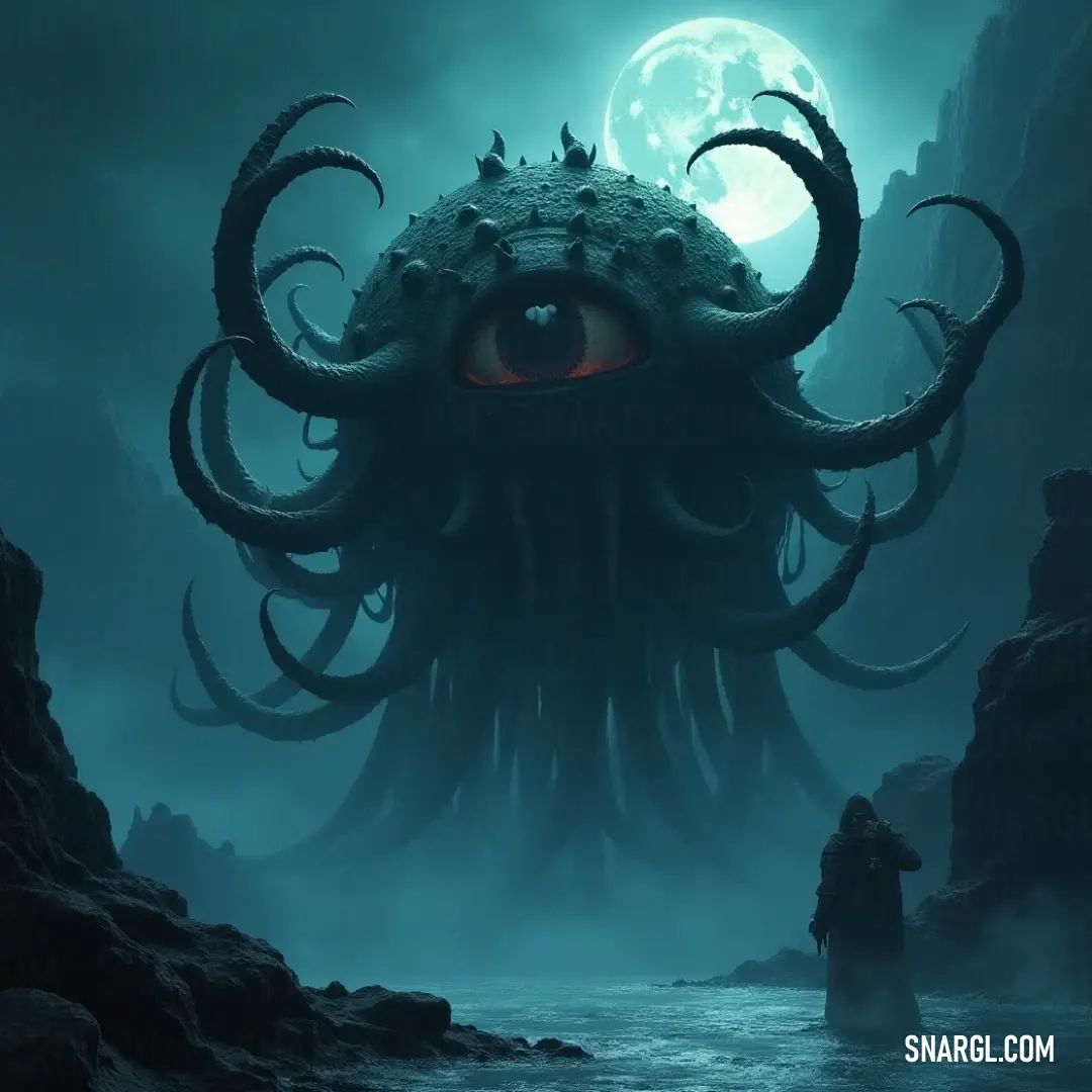 In the heart of a dark, eerie sea, a colossal octopus with an enormous eye looms, watched over by the staunch Elder Eye Guardian, evoking a sense of both wonder and trepidation in this underwater realm. A giant octopus with a colossal eye emerges from the shadowy depths of the ocean, a striking Elder Eye Guardian standing resolute before it, creating a captivating tableau of marine dangers and mythic guardianship.