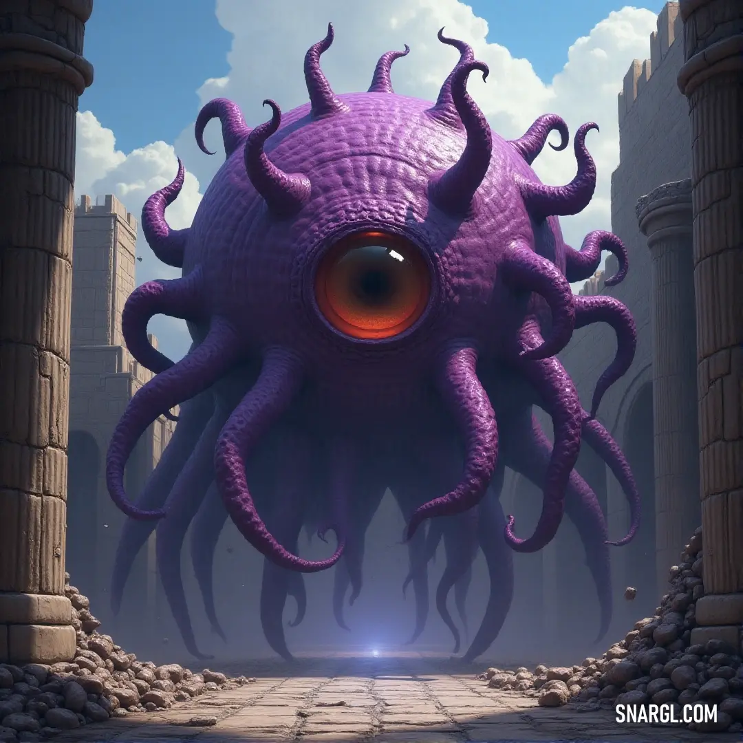 The gigantic Elder Eye Guardian stands in a bustling city street, its glowing red eye staring down from above, surrounded by towering columns and an open sky. A towering, giant purple Elder Eye Guardian looms over a city street, its red eye glowing menacingly as columns and pillars surround it, with the vast sky stretching above.