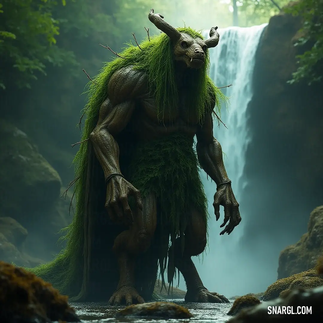 The majestic Elder Forest Guardian, adorned with long green hair, watches over a sparkling waterfall, embodying the spirit of balance in his verdant realm. An Elder Forest Guardian with long green hair appears serenely by a cascading waterfall, embodying the essence of nature's tranquility amidst the vibrant flora around him.