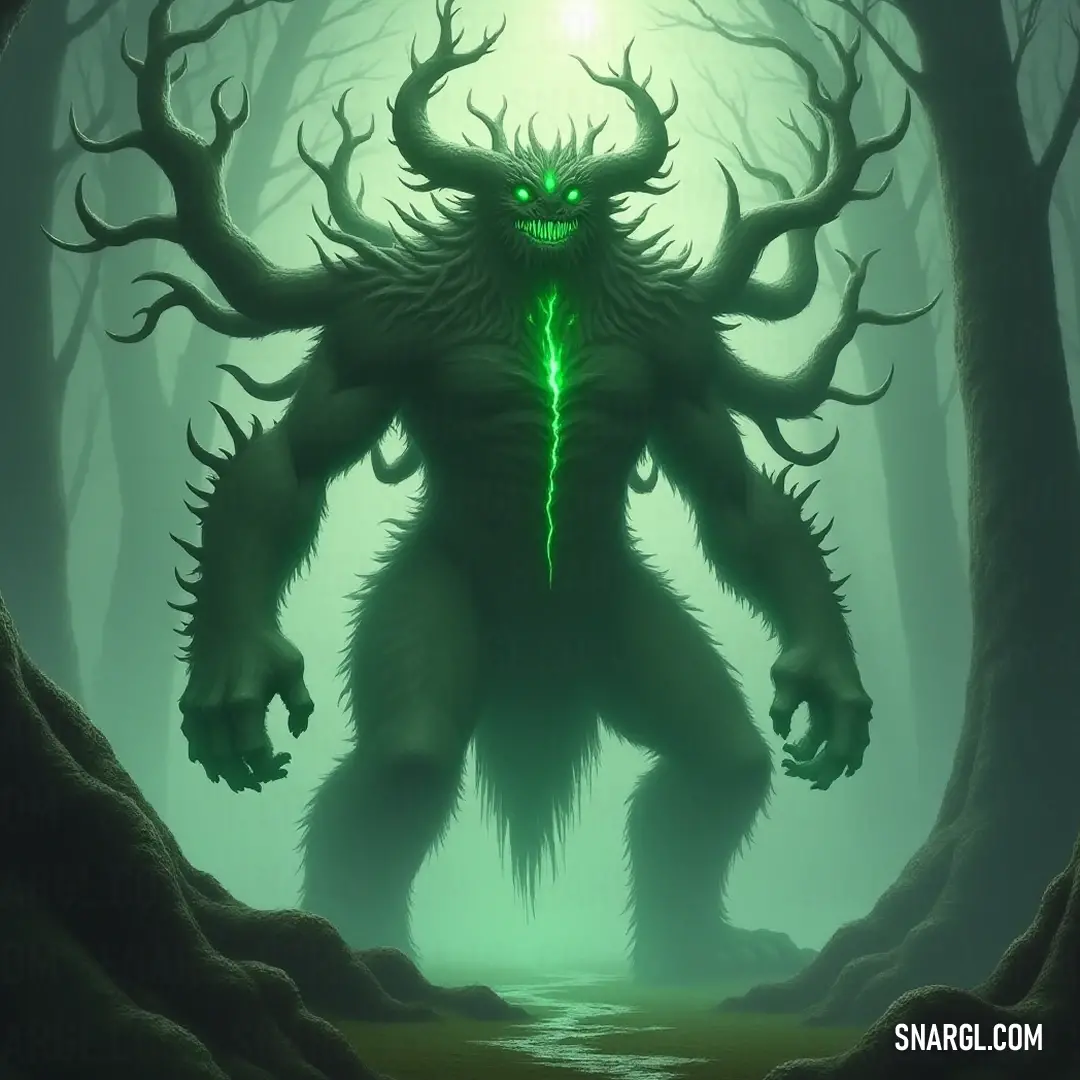 Mysterious Elder Forest Guardian with glowing green eyes amidst a lush forest of trees and rocky surroundings. In a deepened forest, an Elder Forest Guardian reveals its vibrant green eyes, a mysterious glow emanating from its mouth, seamlessly blending into a symphony of trees and rocks, emphasizing the magic within the natural world.