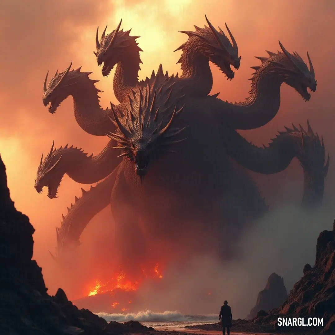 Against a picturesque sunset, the Elder Hydra confronts a towering figure reminiscent of Godzilla, while the land is engulfed in radiant lava, creating a breathtaking and dramatic seaside tableau. The majestic Elder Hydra stands powerfully before a colossal creature resembling a giant Godzilla, as vibrant lava flows surround them against the backdrop of a stunning sunset on a breathtaking beach.