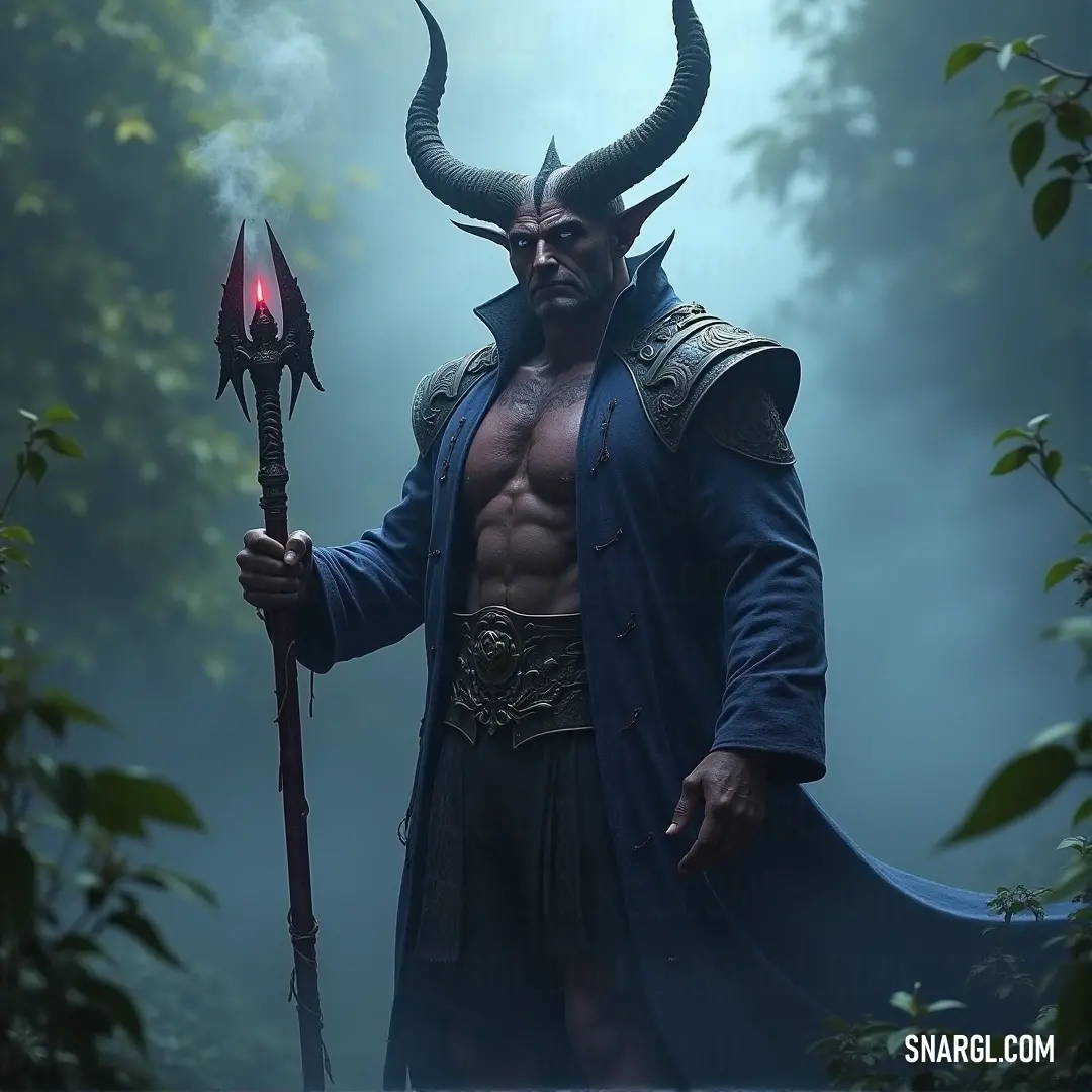 A horned figure stands amidst foggy trees in a mysterious forest, holding a staff and exuding an aura of magic and guardianship. A horned figure stands in a foggy forest, holding a staff, as towering trees loom in the background. The ethereal fog envelops the scene, creating an atmosphere of mystery and magic, with the warrior appearing as both guardian and enigma.