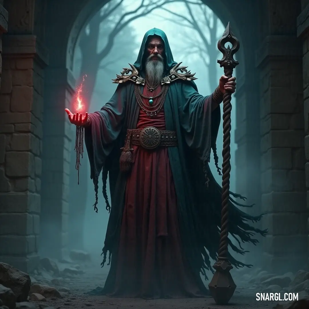 The Elder Shaman, with his robe billowing softly, holds a glowing candle against the backdrop of the woods, emanating deep wisdom and a connection to the mystical forces of nature. An Elder Shaman, cloaked in a flowing robe, holds a flickering candle that illuminates his long beard, surrounded by the shadows of ancient trees, embodying wisdom and the mystery of the forest's secrets.