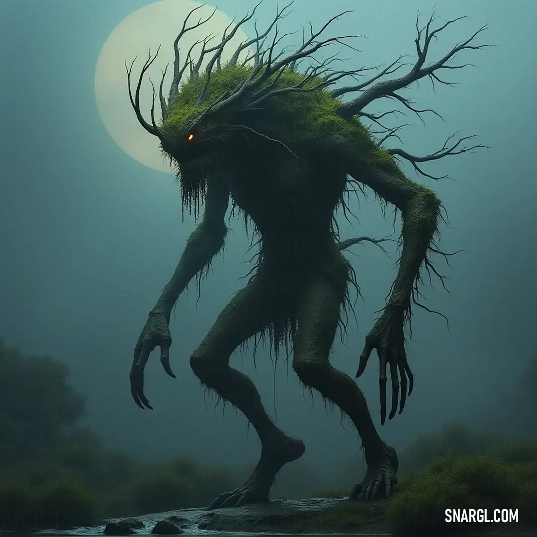 A serene Elder Tree Guardian with an abundant mane and glowing eyes standing amidst moonlit waters, blending effortlessly with the enchanting night surroundings. A mesmerizing Elder Tree Guardian with flowing hair and luminous eyes stands gracefully in tranquil waters under a full moon, its reflections mingling with the moonlight, creating a spellbinding harmony of nature.