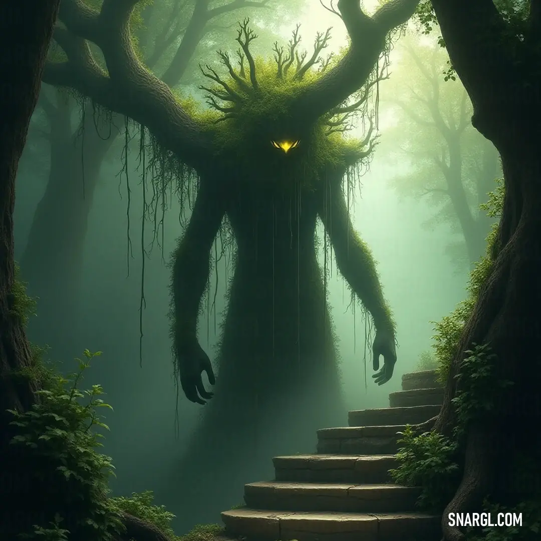 A riveting Elder Tree Guardian with glowing eyes, including a striking yellow hue, rises amidst a mystical forest, welcoming all to discover its profound secrets. A hauntingly beautiful Elder Tree Guardian with glowing eyes, including one radiant yellow orb, stands majestically in a mystical forest, where stairs ascend towards it, inviting explorers to witness its ancient power.