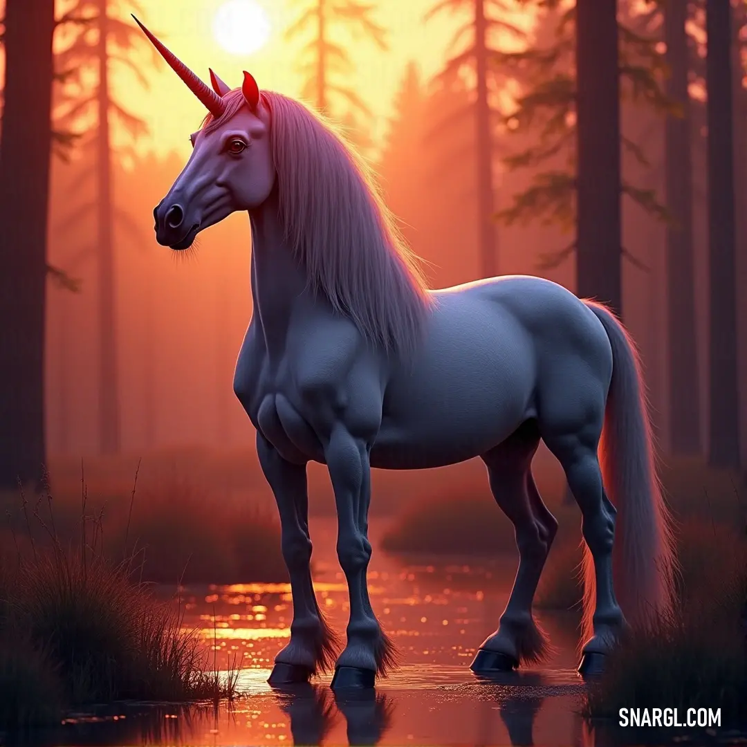 A wise elder unicorn stands gracefully in a serene lake, its reflection rippling in the calm waters as the warm hues of the sunset light up the sky. Towering trees surround the lake, adding an air of tranquility and timeless beauty to the moment.