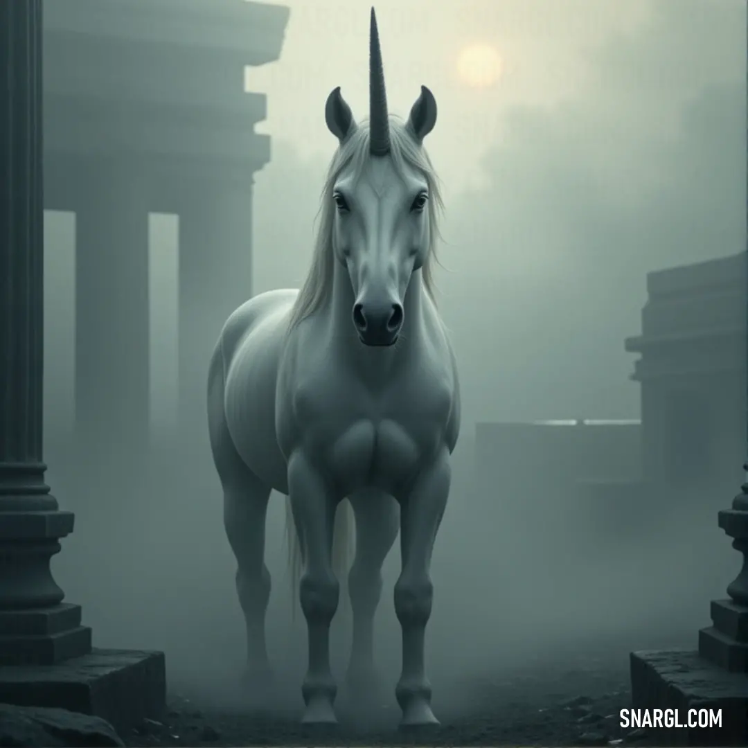 A noble white unicorn stands amidst a foggy landscape, surrounded by towering columns and ancient pillars, as if guarding a forgotten temple. The mist creates an air of mystery, adding to the ethereal presence of the creature.