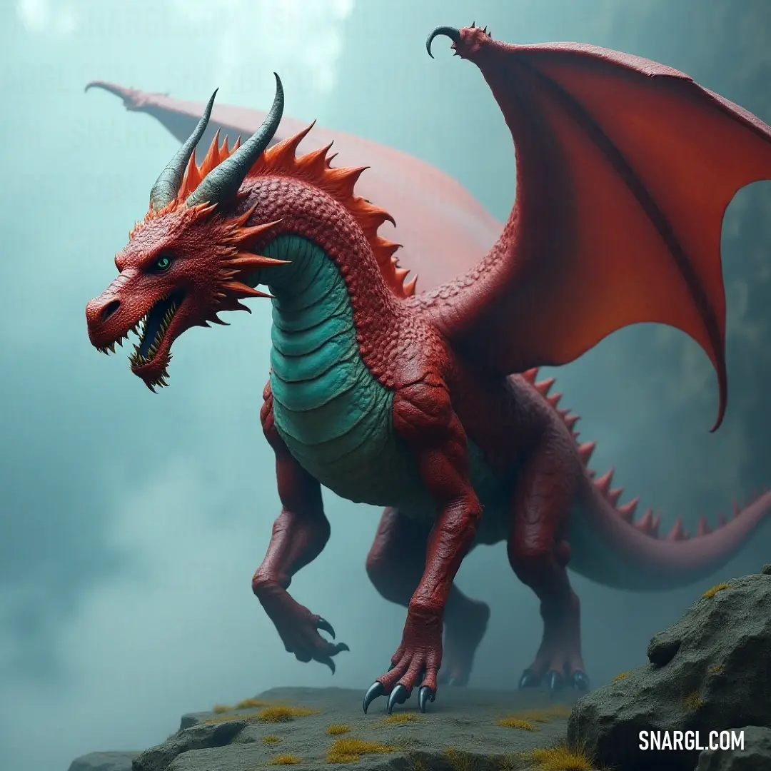The Red Elder Wyrm, a magnificent creature with striking wings and impressive horns, commands the rocky landscape, its presence magnified by the dreamy fog swirling around it. Standing on a rugged stone formation, the Red Elder Wyrm showcases its majestic horns and expansive wings, surrounded by ethereal fog, creating a spectacular display of power and grace.