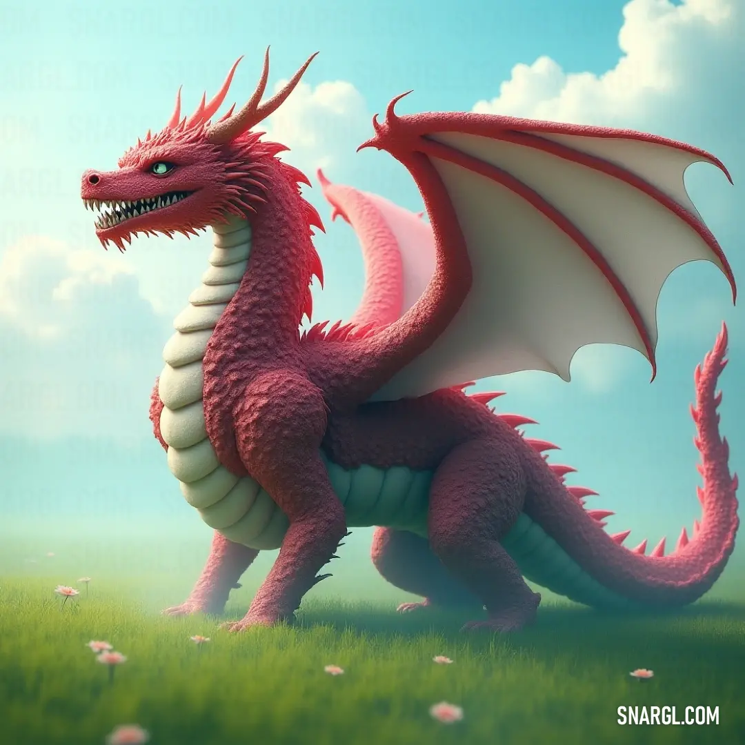 A vibrant Red Elder Wyrm elegantly perched on a blossoming field, embraced by a beautiful sky, merges the essence of mythical wonder with the tranquility of nature. A vibrant Red Elder Wyrm gracefully rests atop a lush green field adorned with colorful flowers, surrounded by a radiant sky filled with soft, fluffy clouds, peacefully basking in the beauty of nature.