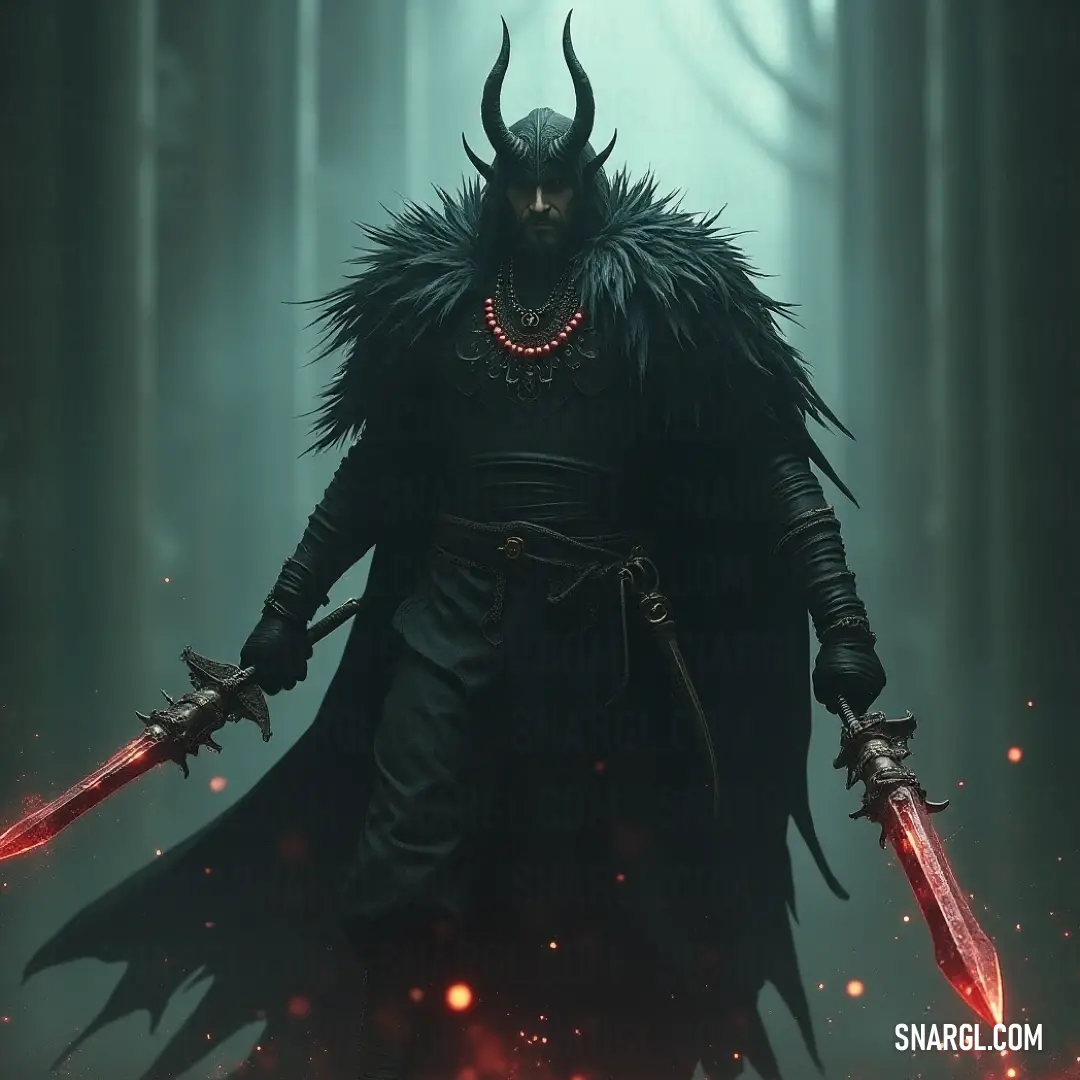 Eldon Underbough stands proudly, cloaked in a dark outfit, wielding a sword that glistens in the light. His horned head exudes authority, framed by an aura of mystery and readiness for adventure.