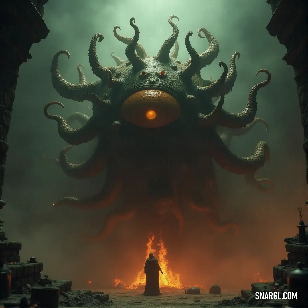 A giant octopus faces an Eldritch Eye Tyrant in a dark, eerie room, with a blazing fireball hovering between them, intensifying the atmosphere of confrontation. A massive octopus stands in the shadows, facing an Eldritch Eye Tyrant, while a fiery orb burns brightly between them in a dark, ominous room filled with tension.