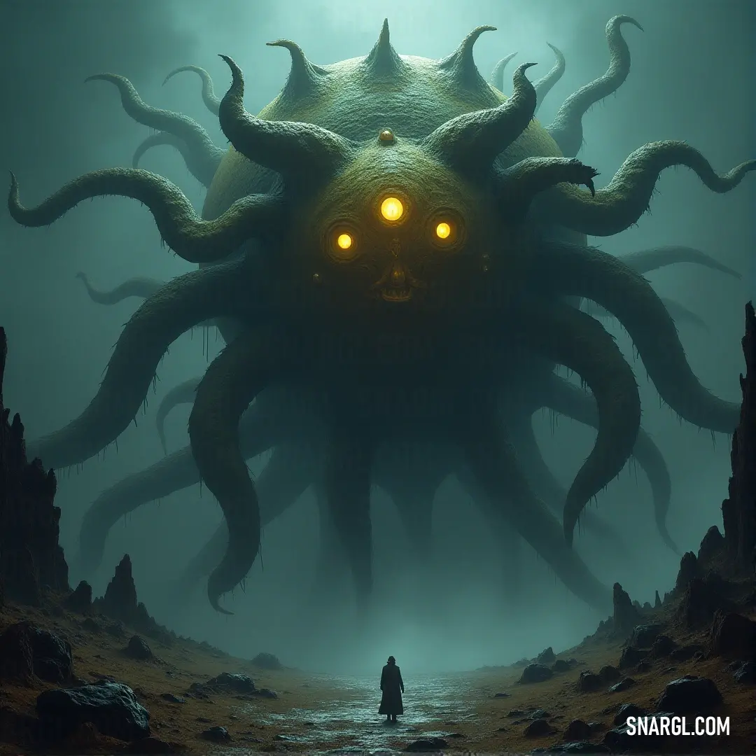 A giant octopus with glowing eyes and an Eldritch Eye Tyrant face off in the dark sea, their immense forms casting long shadows in the depths. A colossal octopus with glowing eyes looms over the ocean, while an Eldritch Eye Tyrant stands before it, creating a surreal and terrifying underwater scene filled with mystery.