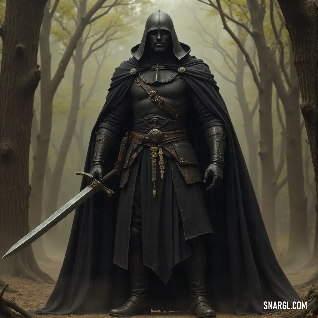 Eldritch Necromancer with sword in hand, standing amidst a foggy forest, as mist curls around the twisted trees. In a dense, foggy forest, an Eldritch Necromancer stands, his sword held firmly in his hand. Dark trees loom in the background, while the mist adds an eerie atmosphere to the scene.