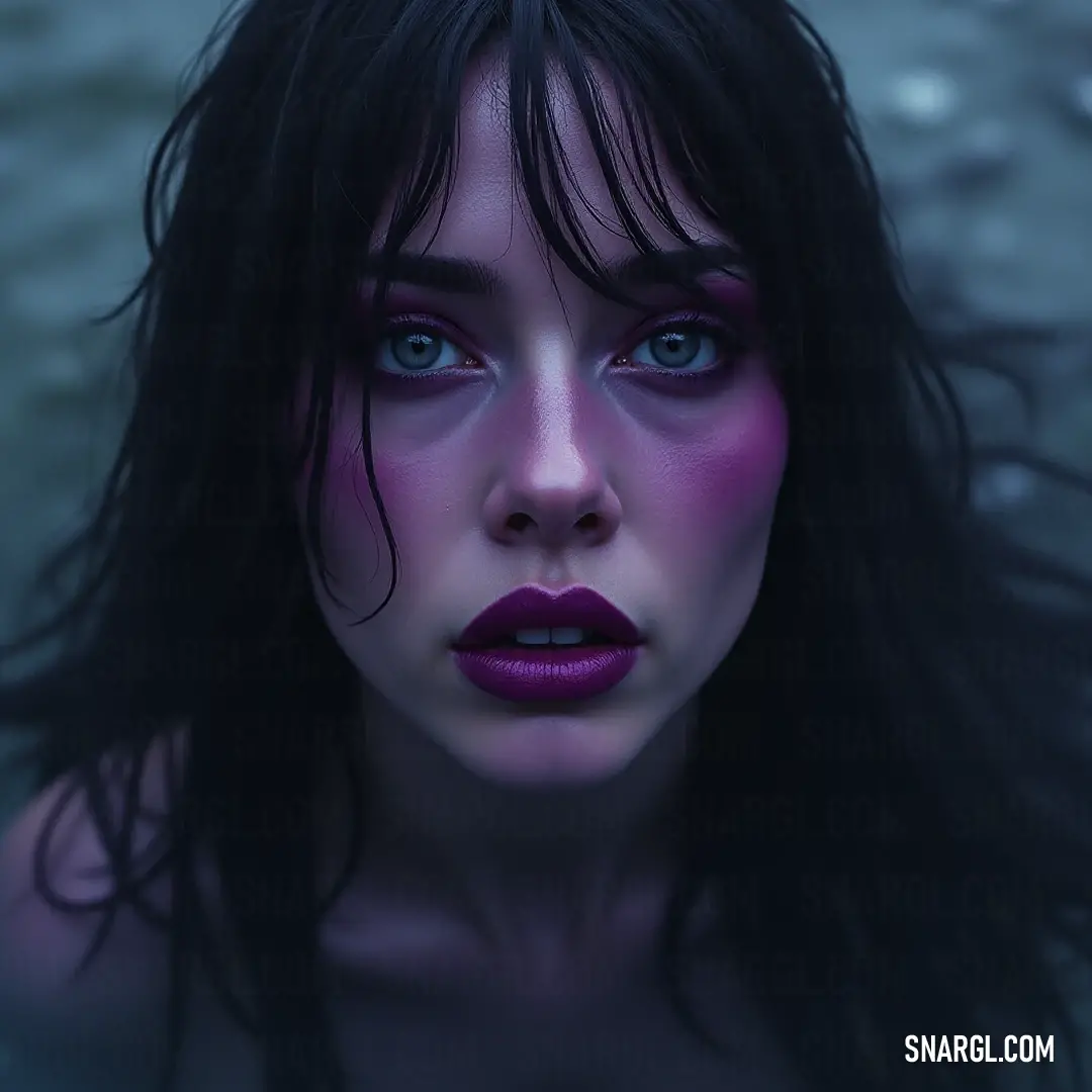 A captivating portrait of a woman with dark hair and striking blue eyes, adorned with vibrant purple lip makeup, gazing intensely at the camera, her expression conveying a mix of strength and vulnerability in a stunning, dramatic light setting.