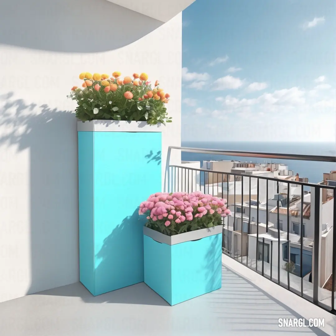 Balcony with a blue planter and flowers on it and a balcony railing with a view of the ocean. Example of RGB 125,249,255 color.