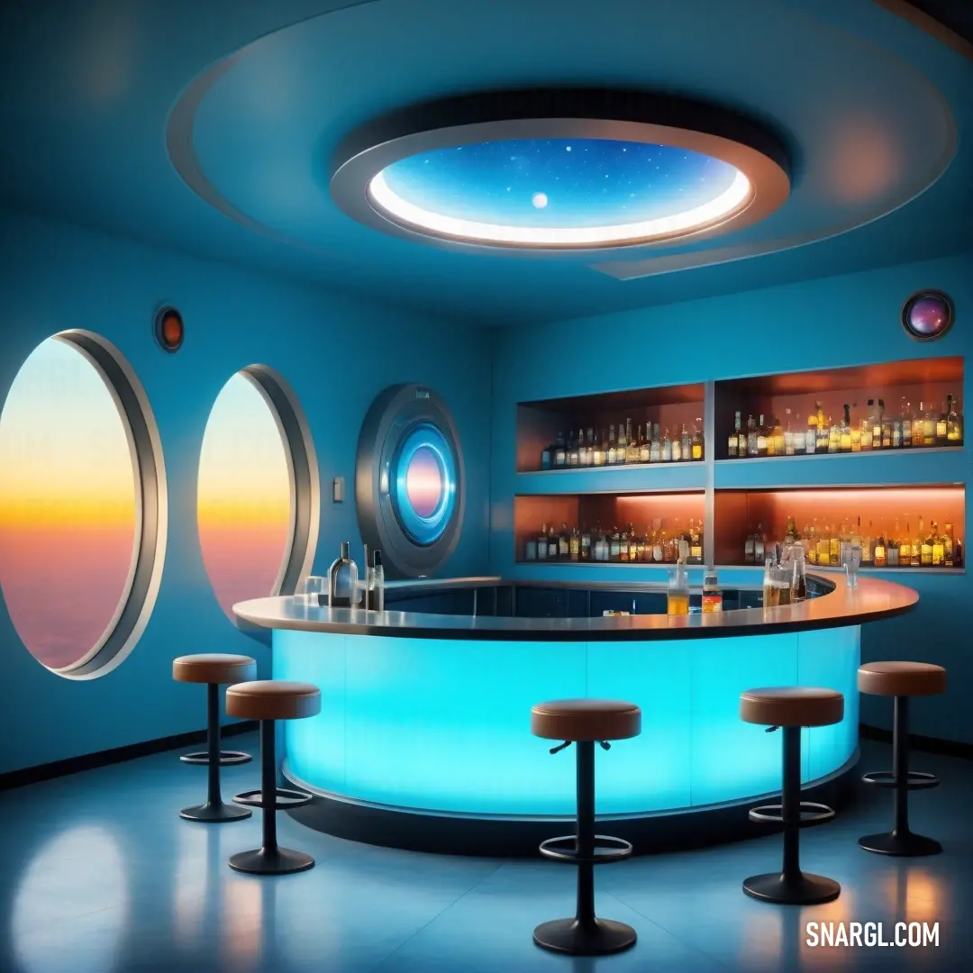 Bar with a blue counter and a sky view through the window of a plane cabin with a bar and stools. Color CMYK 51,2,0,0.