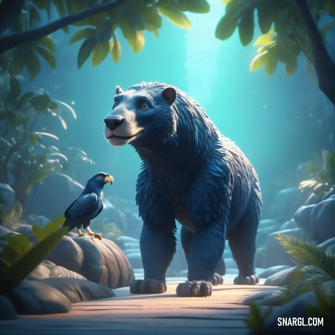 Bear and a bird standing in a forest with sunlight streaming through the trees and leaves on the ground. Example of Electric blue color.