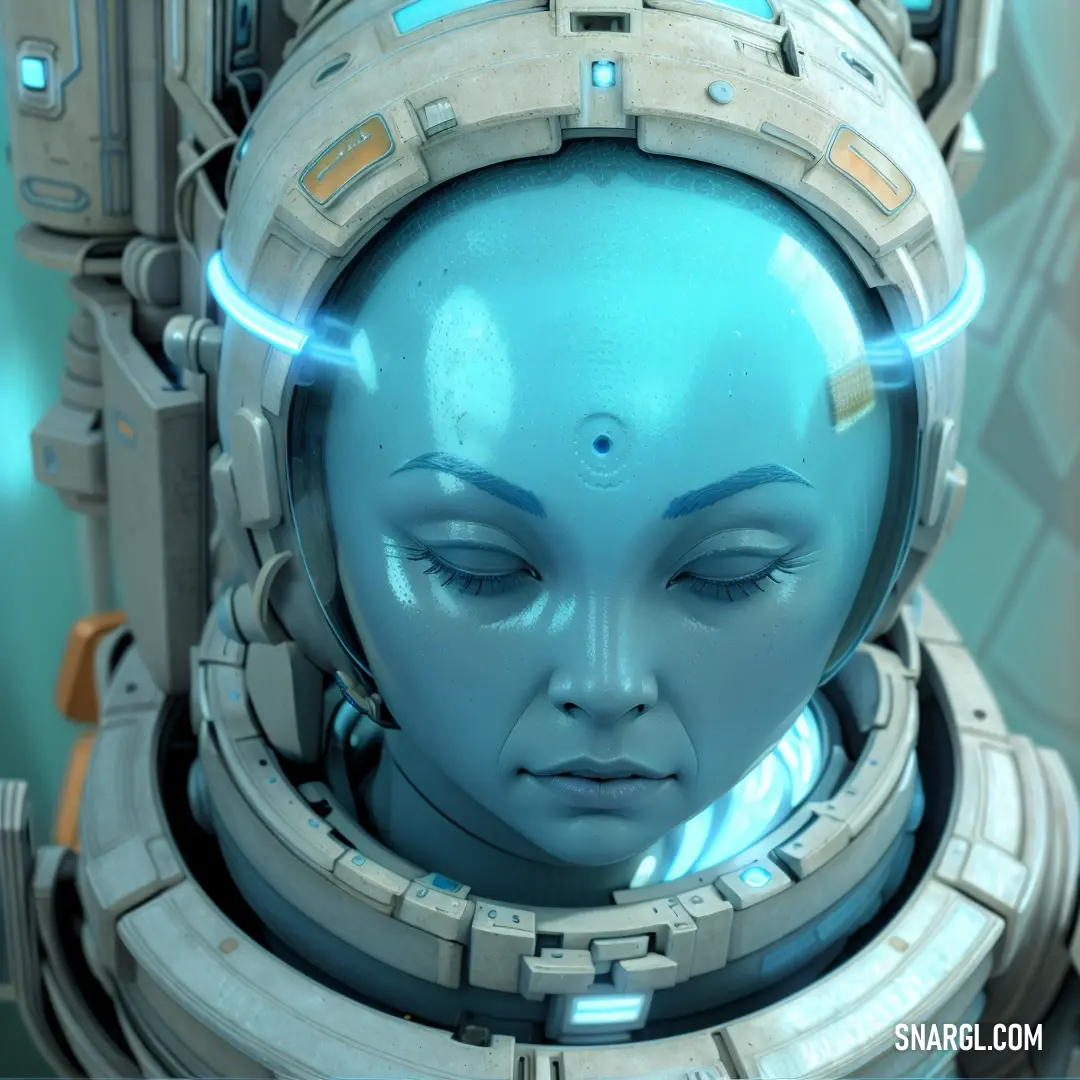 Blue alien woman with a futuristic helmet on her head and eyes closed