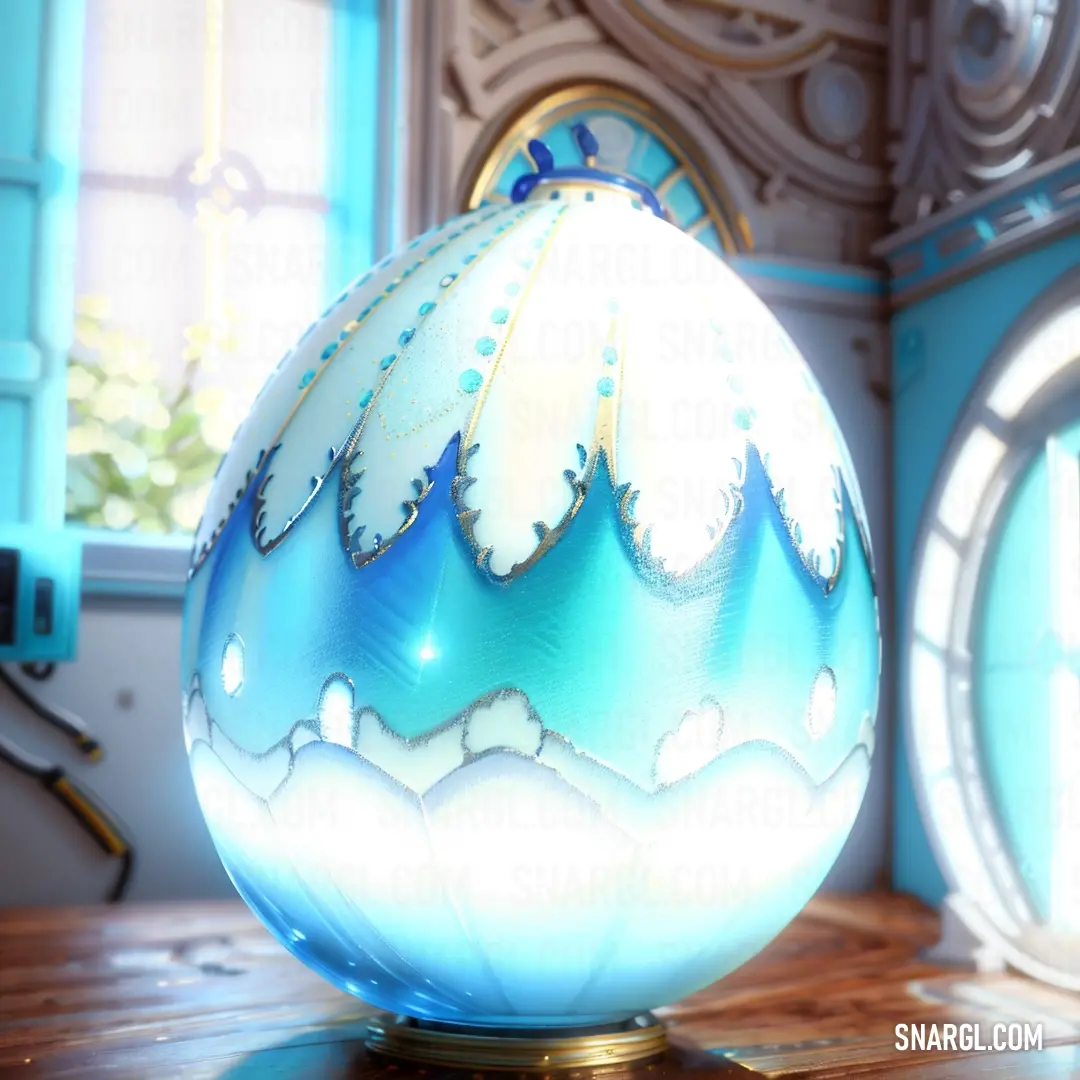 Blue and white egg on a wooden table next to a window with a clock in the background. Color #7DF9FF.