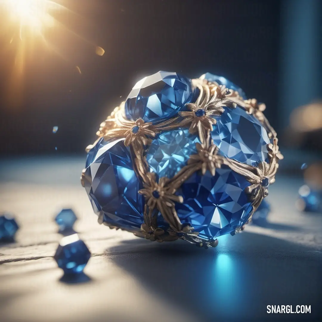 A brilliant blue glass ball rests on a table, surrounded by small blue beads and gold chains. The combination of textures and colors, highlighted by a bright light shining down, creates a striking visual that reflects both elegance and intricate detail.