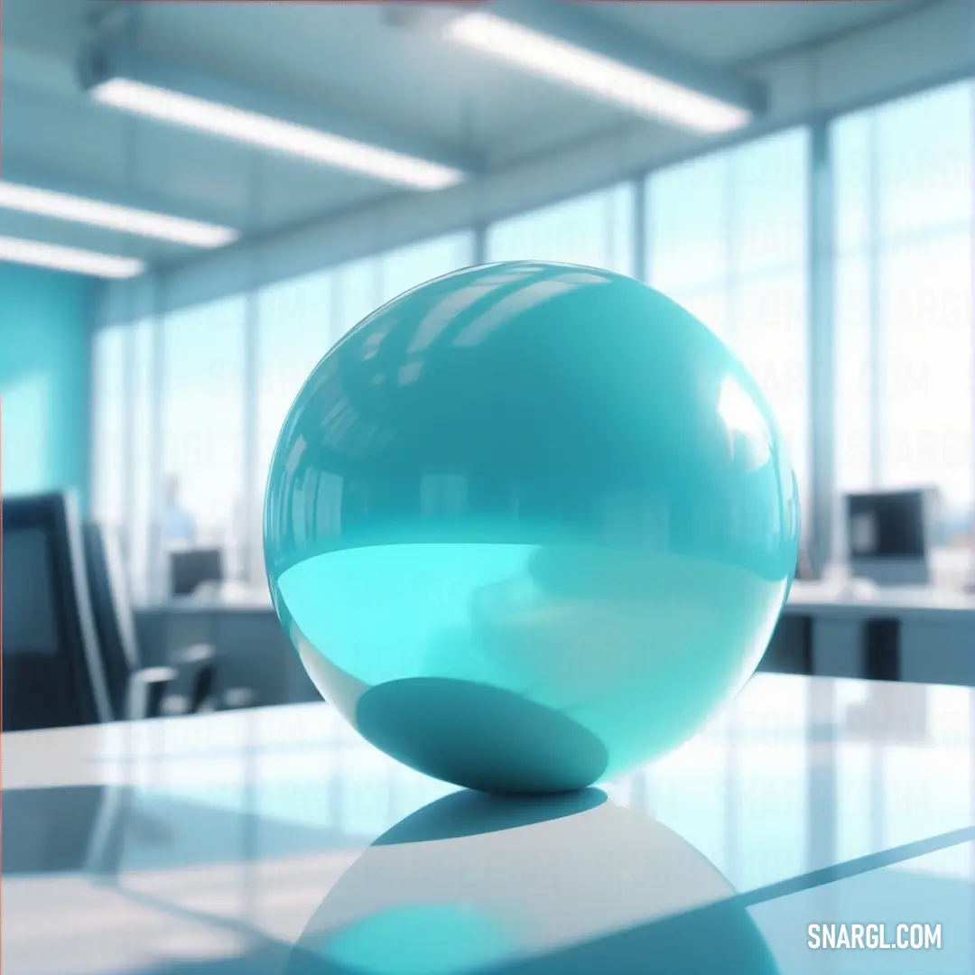 A smooth blue ball rests atop a table in a modern office setting. With a large window in the background, the ball’s vibrant #7DF9FF color contrasts with the sleek, professional environment, drawing the eye to its bold presence.