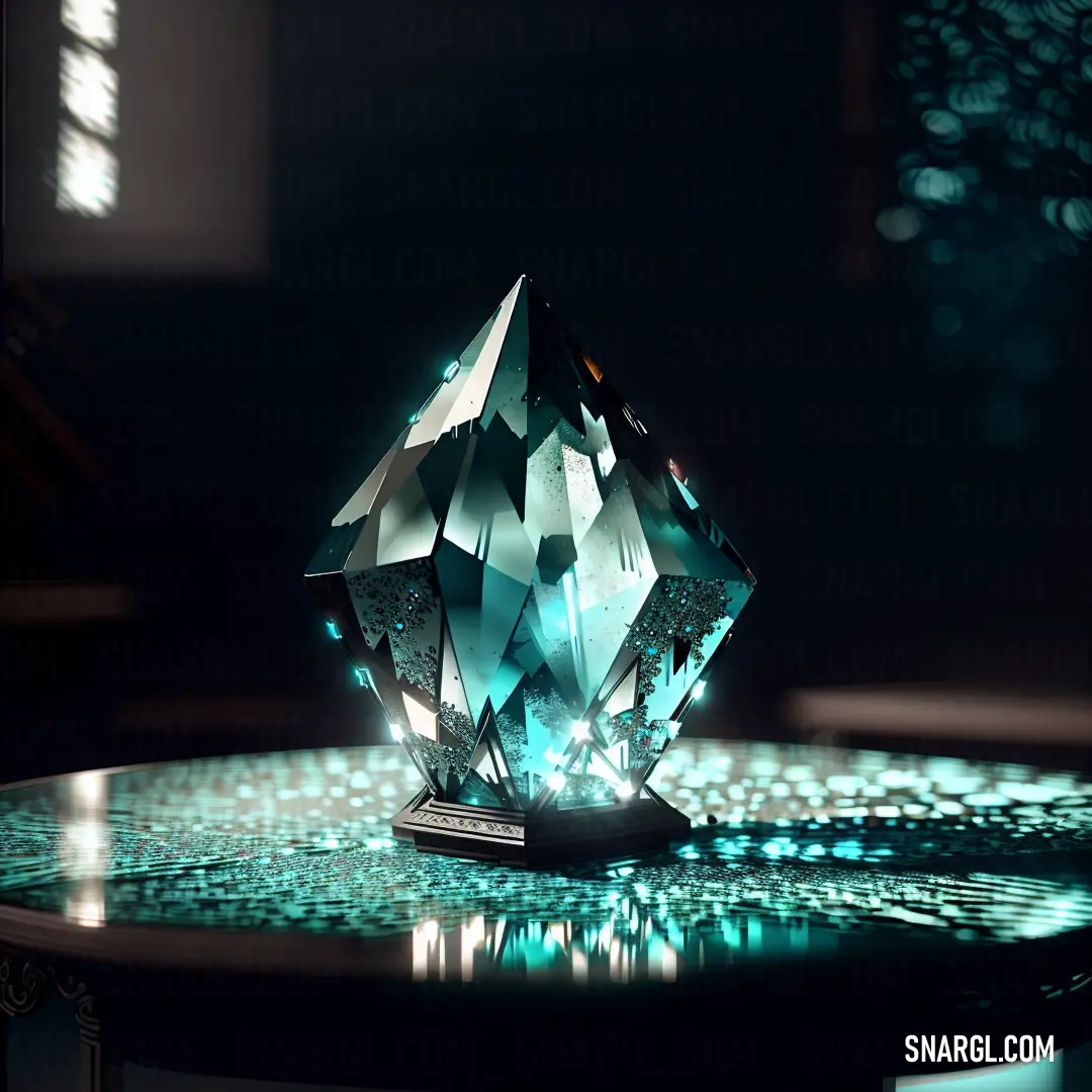 Blue diamond on top of a table next to a mirror on the table top with lights on it. Example of Electric blue color.