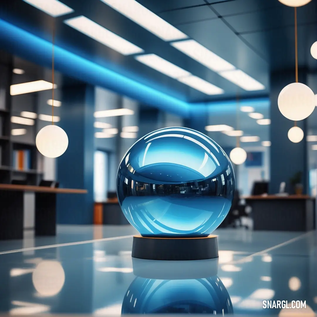 A vibrant blue glass ball sits atop a table, illuminated by overhead lights that cast reflections on its smooth surface. The ball’s translucent hues, highlighted by the ambient light, create a dynamic contrast with the surrounding space, showcasing