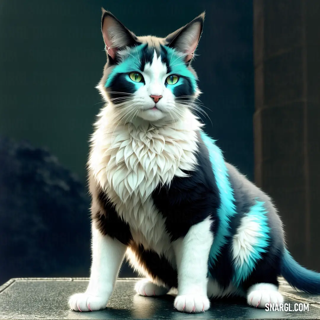 A cat with piercing blue eyes sits on a ledge, framed against a dramatic black background. The sleek and graceful feline exudes a sense of calm and mystery, its vibrant gaze captivating against the stark backdrop.