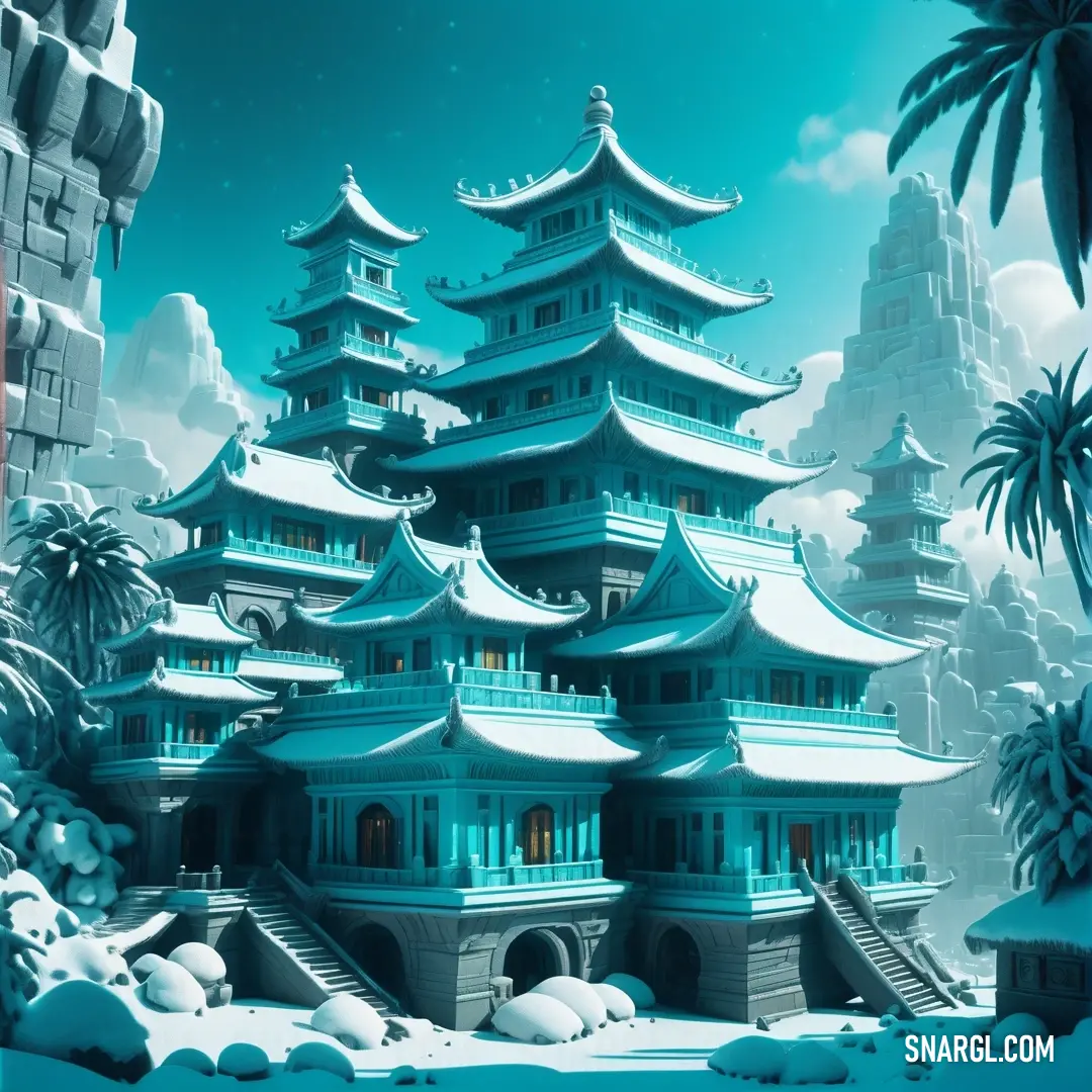 Digital painting of a chinese building in the snow with palm trees in the background and a blue sky. Color Electric blue.