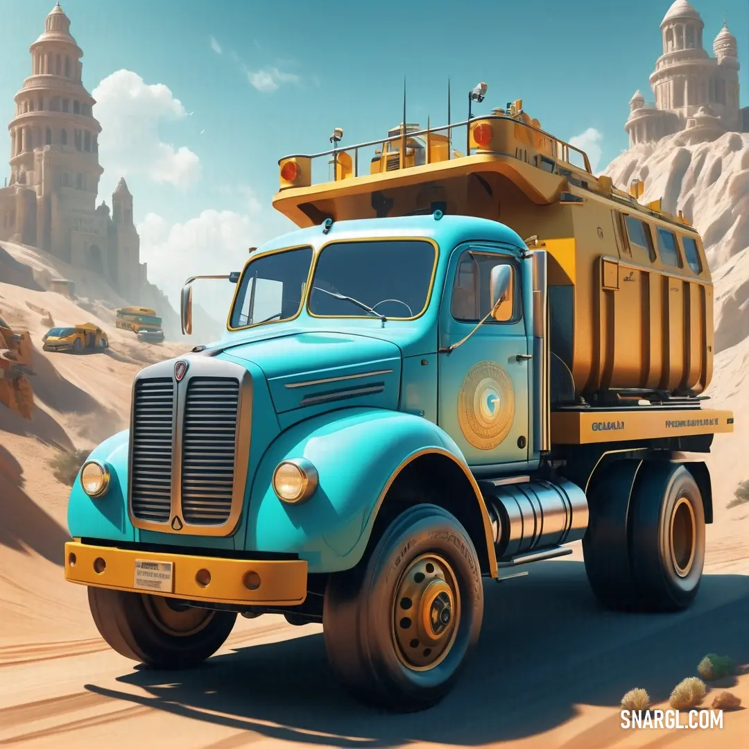 Blue dump truck driving through a desert landscape with a castle in the background. Example of RGB 125,249,255 color.