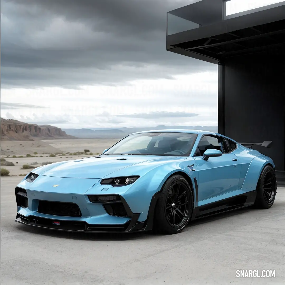 A vibrant electric blue sports car gleams as it is parked in front of a modern building with a sleek black roof. The sky above is dotted with heavy clouds, casting a dramatic backdrop to the car's stunning color.