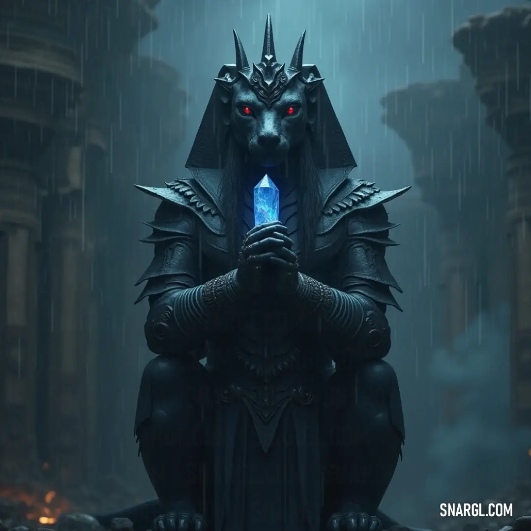 A demon-like figure, seated on a dark throne, gazes out into the storm, with eerie light emanating from its mouth, casting a chilling glow in the rainy atmosphere.