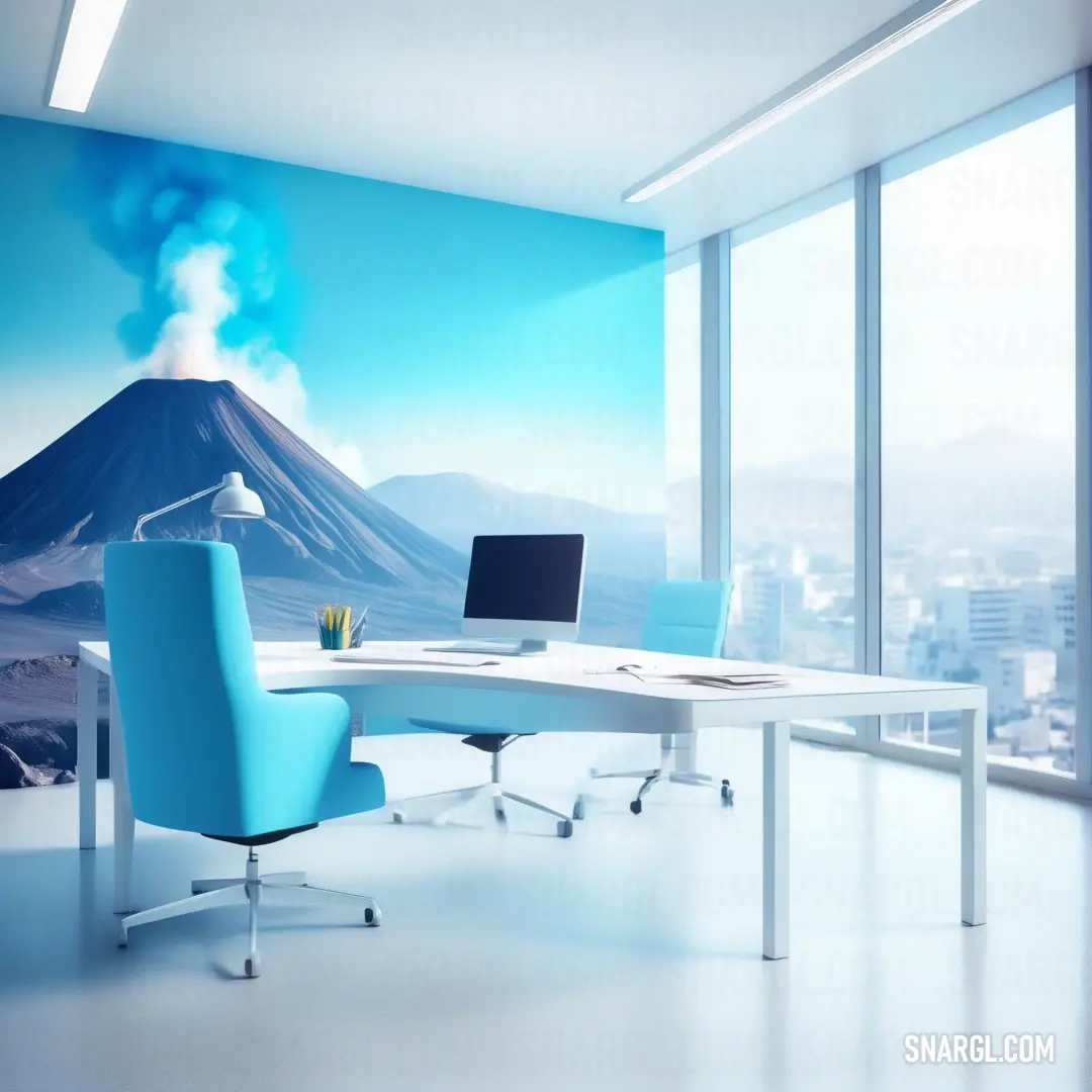 Desk with a computer on it in a room with a mountain view and a window overlooking the city. Color #7DF9FF.