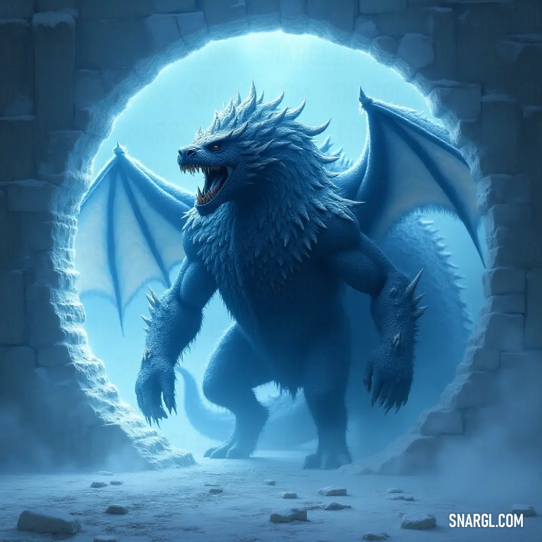 A massive dragon, with sharp claws and a muscular body, stands in a dimly lit cave, its eyes glowing under the eerie blue light that flickers across the stone walls.