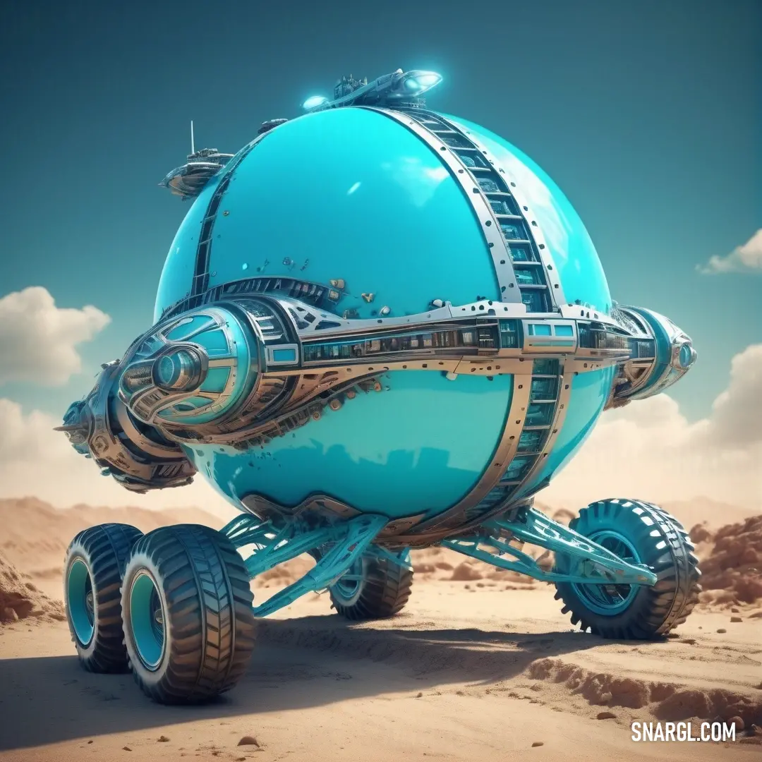 Futuristic vehicle with wheels and a large blue ball on the back of it in the desert with a sky background. Example of CMYK 51,2,0,0 color.