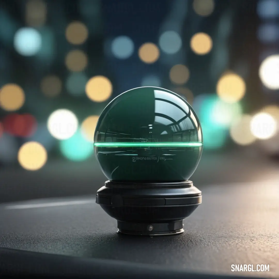 A vibrant green object resting on a smooth table surface, with a blurred background that hints at a lively, colorful setting. The soft glow highlights the fresh, bright hue of the object.