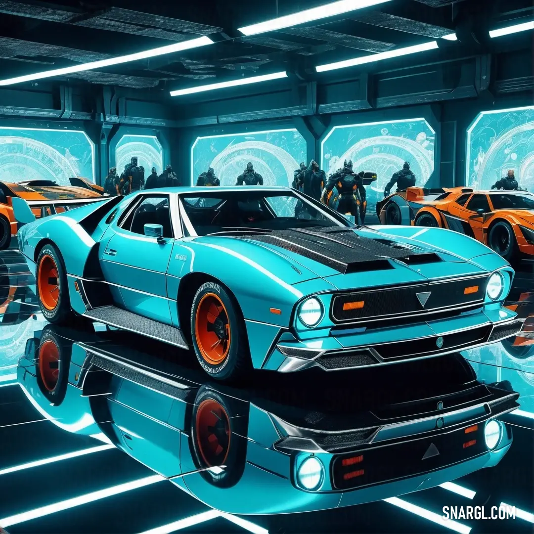 Group of cars in a futuristic garage with neon lights. Example of #7DF9FF color.