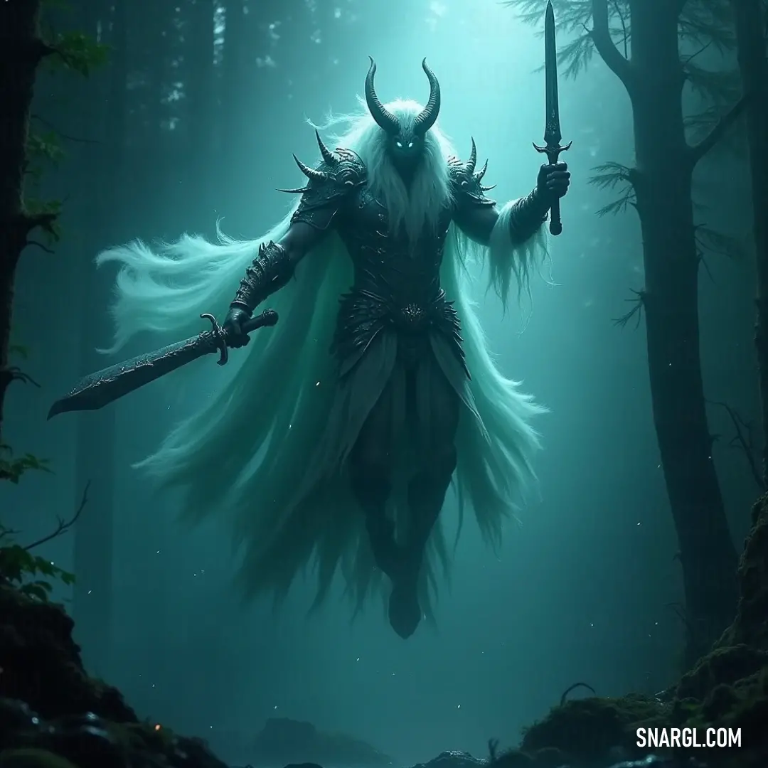 A mysterious man with a horned head stands tall in a foggy forest, gripping a sword tightly as mist swirls around him. His presence is commanding, his figure barely visible amidst the trees.