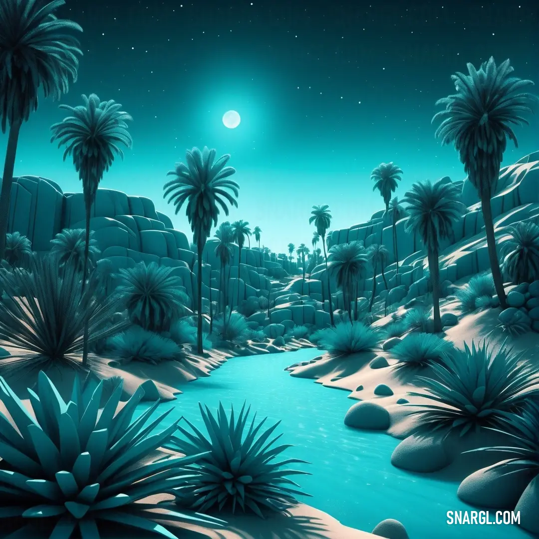 Painting of a river surrounded by palm trees and rocks at night time with a full moon in the sky. Color #7DF9FF.