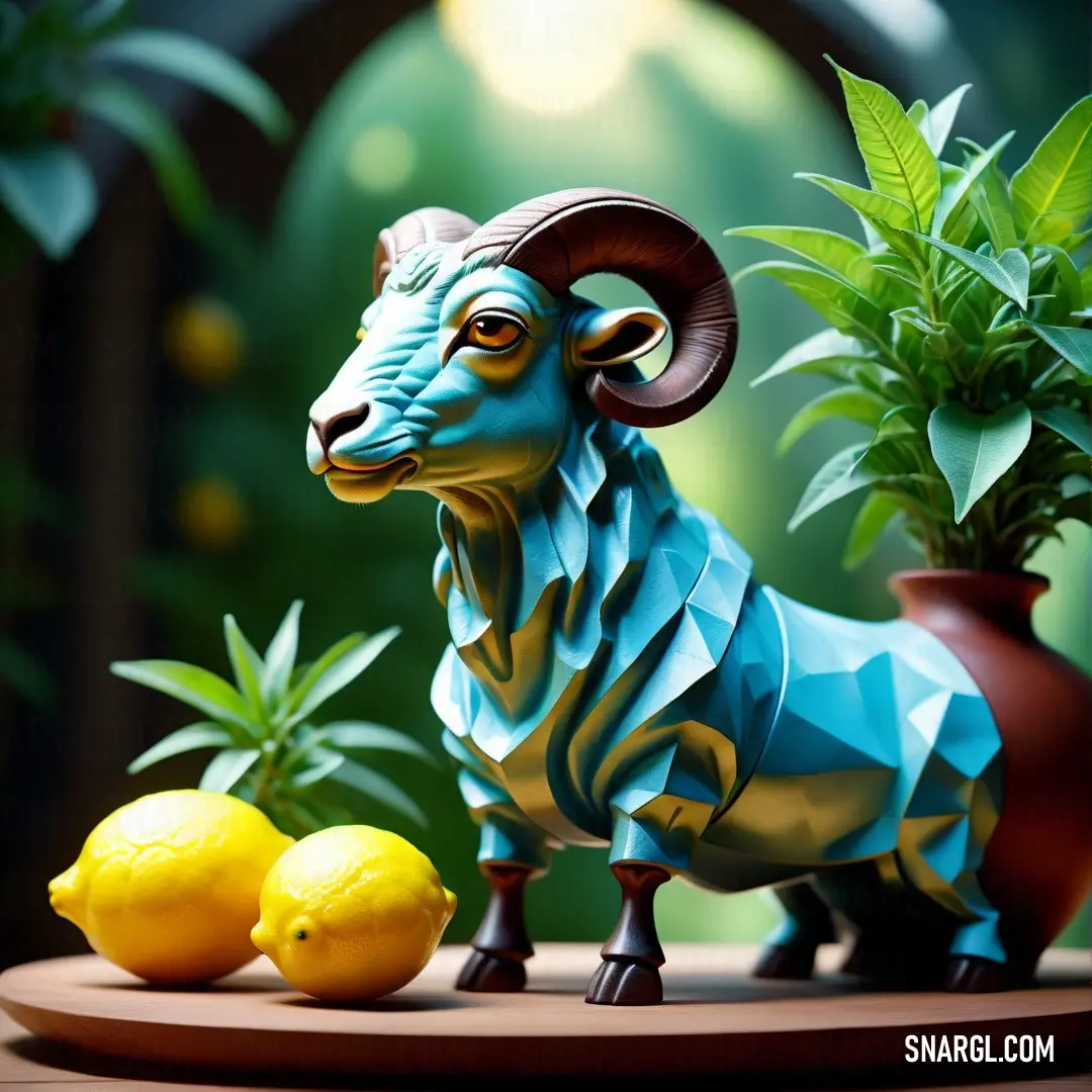 A carefully crafted paper sculpture of a ram stands beside a potted plant and fresh lemons, set against a green backdrop. The earthy tones of the scene are complemented by the soft, muted colors of the sculpture, while the ram’s intricate design ad