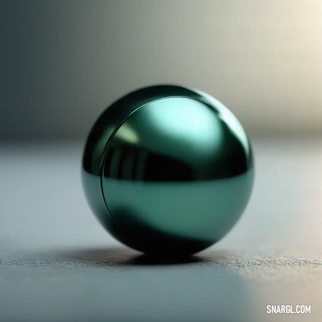 A shiny green ball rests on a table, its smooth surface reflecting the light from the soft background. The vibrant CMYK 51,2,0,0 color of the ball contrasts with the blurred surroundings, bringing a pop of color to the peaceful scene.